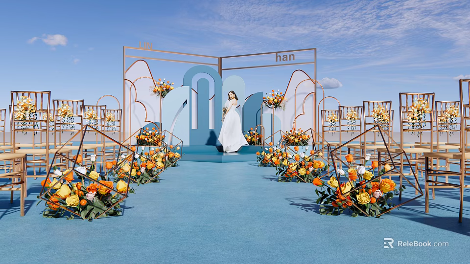 Garden Landscape With Blue Carpet Colorful Flower Arrangements And Geometric Metal Frames 3d model 
