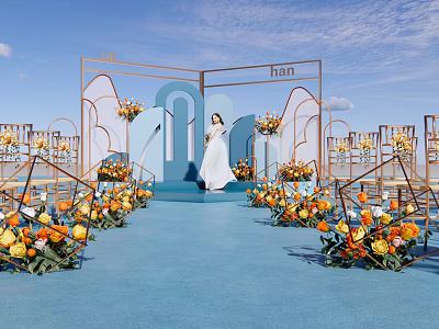 Garden Landscape With Blue Carpet Colorful Flower Arrangements And Geometric Metal Frames 3d model