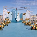Garden Landscape With Blue Carpet Colorful Flower Arrangements And Geometric Metal Frames
