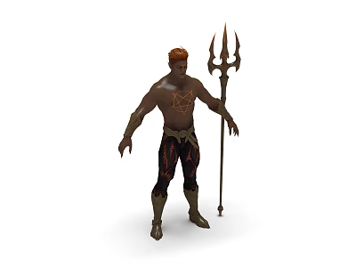 Muscular Game Movie Character With Red Hair Pentagram Chest And Trident Weapon 3d model