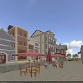 Charming European Style Commercial Street with Colorful Buildings Outdoor Seating Umbrellas and Stone Pavement