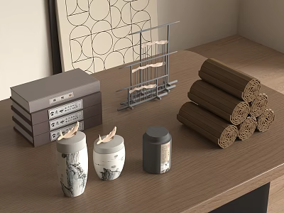 Organized Books Magazines With Gray Boxes Metal Rack And Brown Scrolls On Wooden Desk 3d model