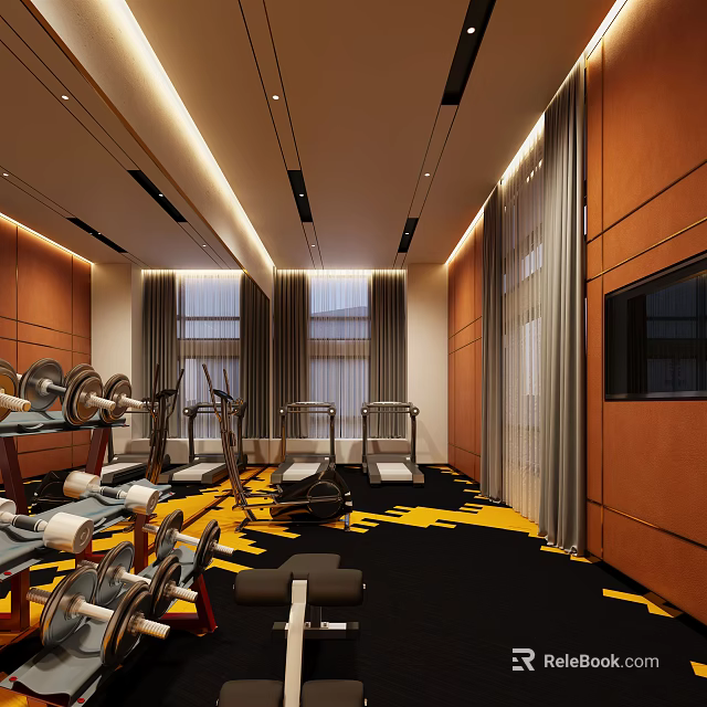 Modern Fitness Gym Interior With Dumbbells Treadmills Wooden Walls And TV 3d model 