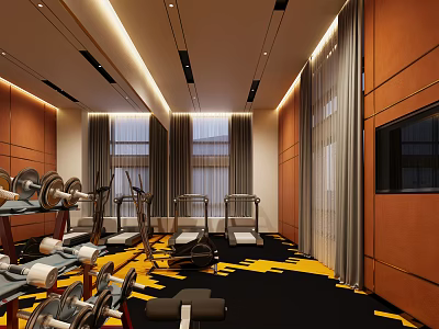 Modern Fitness Gym Interior With Dumbbells Treadmills Wooden Walls And TV 3d model