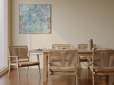 Modern Wooden Dining Table Set With Woven Chairs And Colorful Abstract Painting In Natural Light 3d model