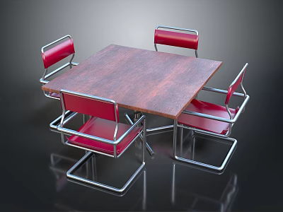 Stylish Red Dining Chairs With Metal Frames And Wooden Table Top 3d model