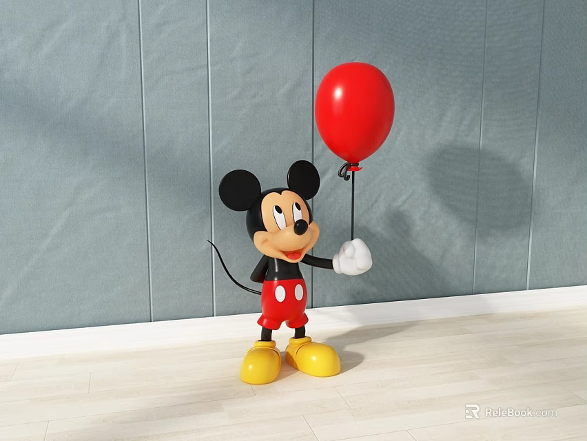 Mickey Mouse Doll Holding Red Balloon Against Gray Wall And Wooden Floor 3d model 