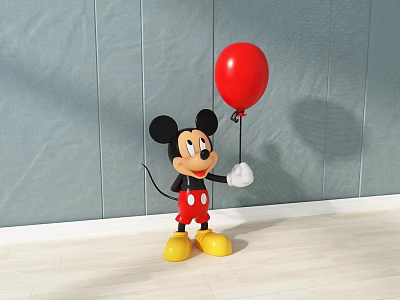 Mickey Mouse Doll Holding Red Balloon Against Gray Wall And Wooden Floor 3d model