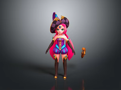 Game Character Pink Long Hair Ornate Hat Purple Blue Outfit Brown Boots Small Weapon Prop 3d model