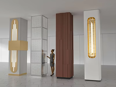 Modern Interior Pillars Featuring Various Designs Wooden Texture Grid Pattern And Lighting Elements 3d model