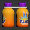 SLAP SPLASH Orange Drink Bottles With Purple Caps And Sun Logo Design