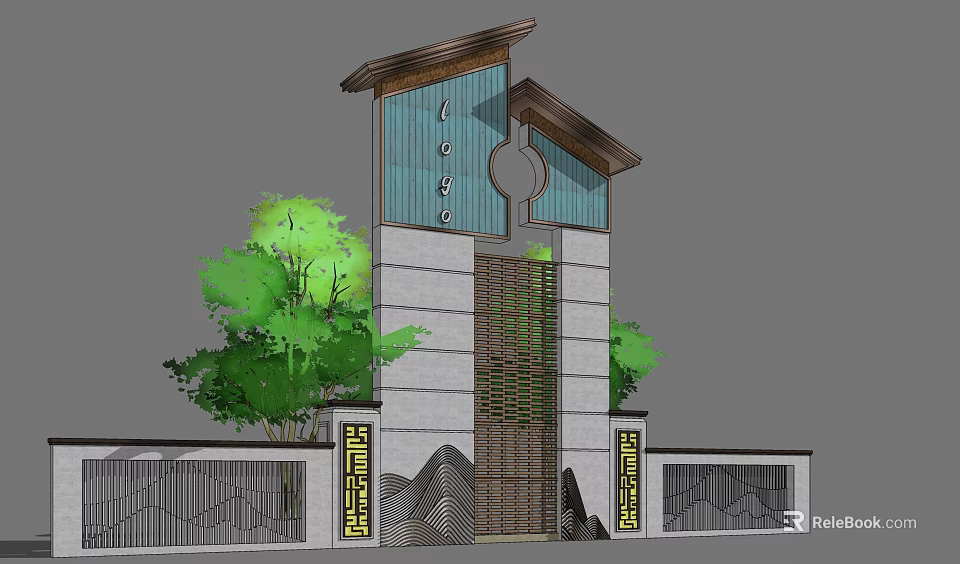 Traditional Chinese Feature Wall With Tile Roof Circular Window Wooden Grille And Green Plants 3d model 