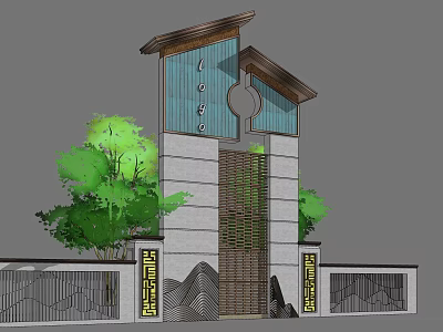 Traditional Chinese Feature Wall With Tile Roof Circular Window Wooden Grille And Green Plants 3d model