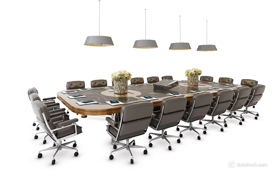 Large Conference Table With Surrounding Chairs Flower Vases And Notebooks With Hanging Pendant Lights 3d model 