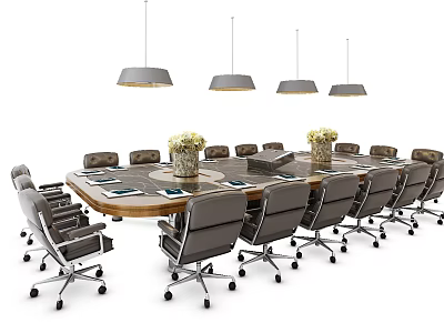 Large Conference Table With Surrounding Chairs Flower Vases And Notebooks With Hanging Pendant Lights 3d model