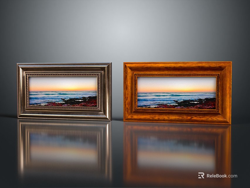 Two Photo Frames With Silver And Wooden Borders Displaying Seascape Sunset Photos On Reflective Surface 3d model 