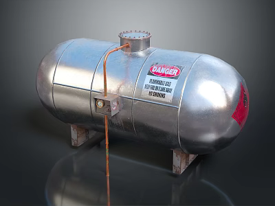 Silver Cylindrical Metal Storage Tank With HAMMER Label Connected Pipe And Stands 3d model
