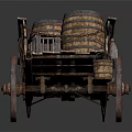 Vintage Old Wooden Cart Featuring Rustic Barrels Small Cage And Wooden Wheels