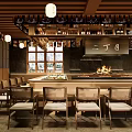 Traditional Japanese Restaurant Interior With Counter Charcoal Fire Wooden Lanterns And Wine Racks