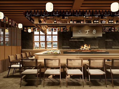 Traditional Japanese Restaurant Interior With Counter Charcoal Fire Wooden Lanterns And Wine Racks 3d model