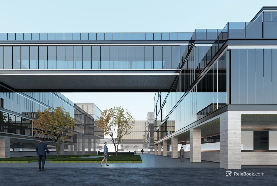 Modern Industrial Factory Architecture With Glass Skybridge And Surrounding Greenery 3d model 