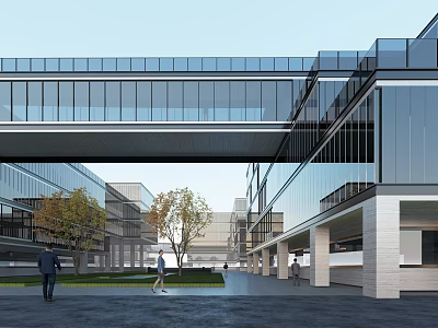 Modern Industrial Factory Architecture With Glass Skybridge And Surrounding Greenery 3d model