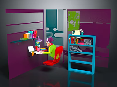 Game and Movie Character Working at Desk in Colorful Workspace with Books Computer and Stationery 3d model