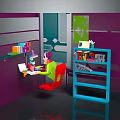 Game and Movie Character Working at Desk in Colorful Workspace with Books Computer and Stationery
