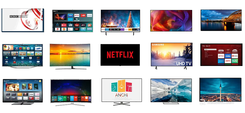 Various Television Screens Displaying Different Content Including Netflix UHD And Scenery 3d model 