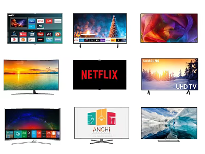 Various Television Screens Displaying Different Content Including Netflix UHD And Scenery 3d model