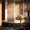 Cozy Café Interior With Brick Wall Large Windows Sunlight Wooden Chairs Flower Vase On Table