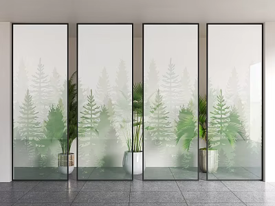 Transparent Glass Partition Design With Pine Tree Pattern And Green Plants In Interior 3d model