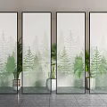 Transparent Glass Partition Design With Pine Tree Pattern And Green Plants In Interior 3d model