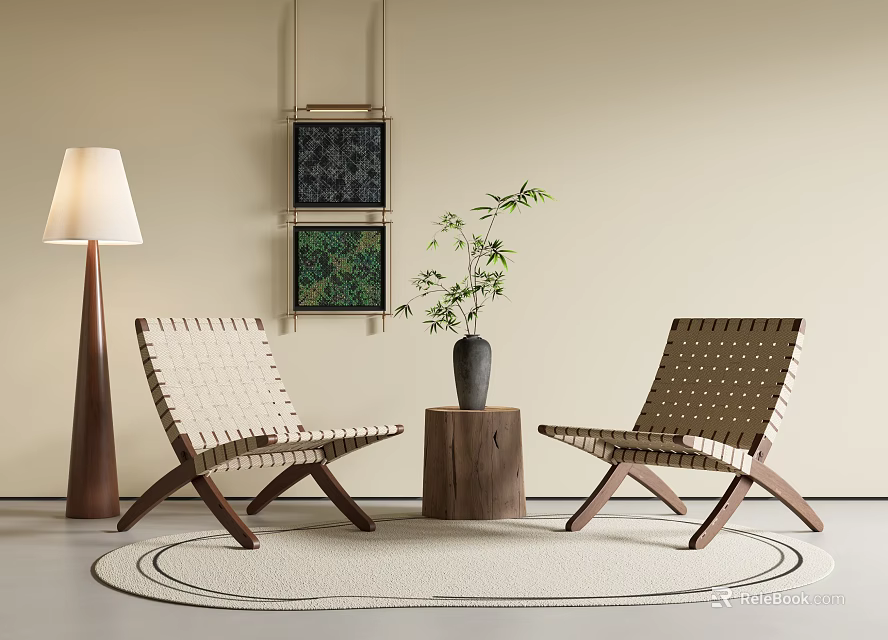 Woven Accent Chairs With Wooden Frame Side Table Floor Lamp Potted Plant And Round Rug 3d model 
