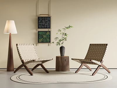 Woven Accent Chairs With Wooden Frame Side Table Floor Lamp Potted Plant And Round Rug 3d model