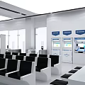 Modern Public Service Hall Interior Design With Service Counters Computers Display Screens And Waiting Tables