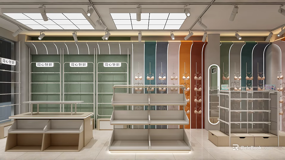 Modern Clothing Store Interior With Colorful Wall Panels Open Shelves And Bright Lighting 3d model 