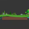 Green 3D Landscape Model With River Trees Stones And Small Lake