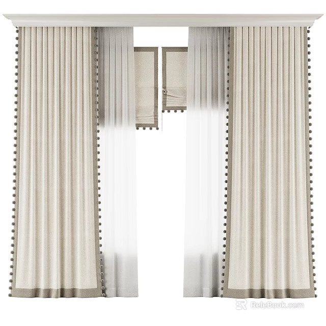 Elegant Beige Curtains With Sheer Panels And Decorative Tassel Trim Details 3d model 