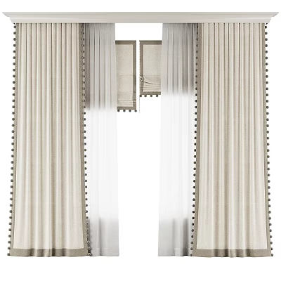 Elegant Beige Curtains With Sheer Panels And Decorative Tassel Trim Details 3d model