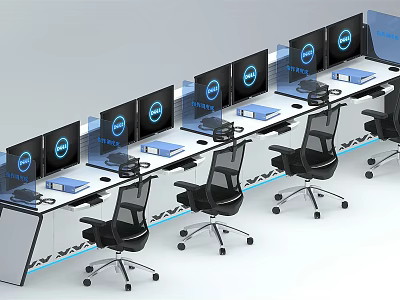 Modern Office Desk Setup With Multiple Monitors And Black Office Chairs 3d model