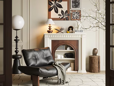 Elegant Modern Living Room Interior With Black Leather Armchair And Fireplace 3d model