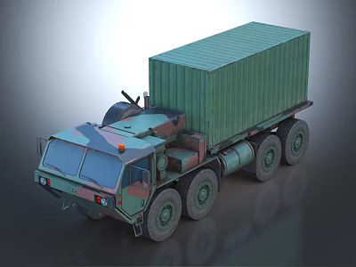 Military Camouflage Cargo Truck With Green Container And Multiple Wheels 3d model