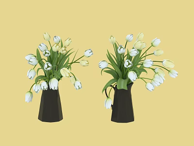 Decorative Two Black Vases With White And Yellow Tulips On Yellow Background 3d model