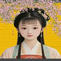 Scenic Wall With Yellow Background Decorated By Pink Flowers And Traditional Lady