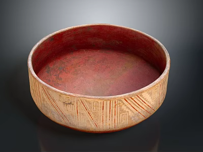 Hand Carved Bowl Sculpture With Geometric Patterns Red Interior Textured Surface 3d model