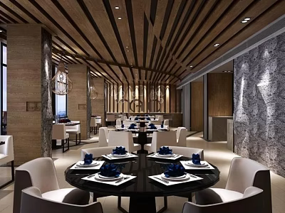 Modern Restaurant Interior With Wooden Ceiling Stone Wall Round Tables Blue Tableware And Chairs 3d model