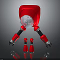 Red Square Robot With Transparent Circular Section And Smaller Red Robots On Black Surface 3d model
