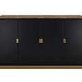 Modern Black Console Cabinet With Four Doors Gold Handles Brown Countertop And Gold Base