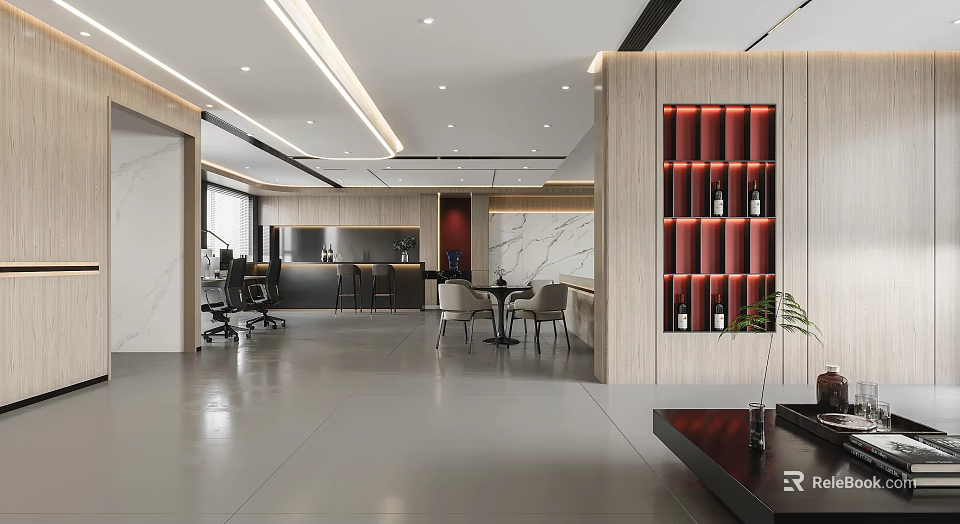 Modern Public Office Space Design With Open Layout Marble Tables And Lighting 3d model